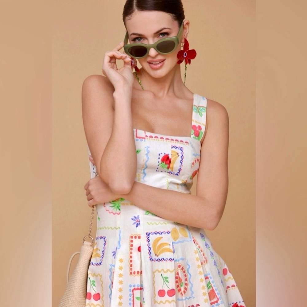 New Avec Les Filles Fruit-Print Flared Mini Dress - Picture 8 of 14